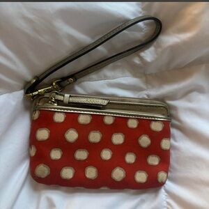 Coach Poppy Wristlet Pouch in Red Polka Dot with Metallic Trim